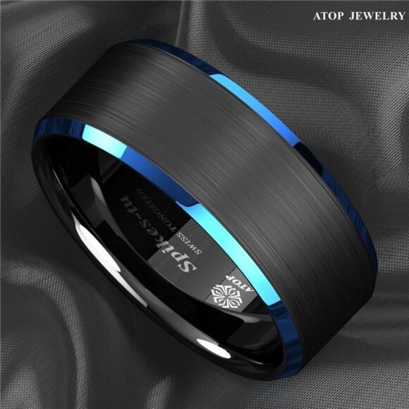 Men's Wedding Band - Black Brushed with Blue Edge - Rings for Men and Women - Picture 5 of 6